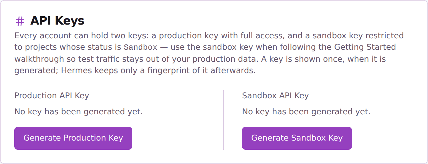 The API Keys card in Settings, with a Generate button for the production key and one for the sandbox key