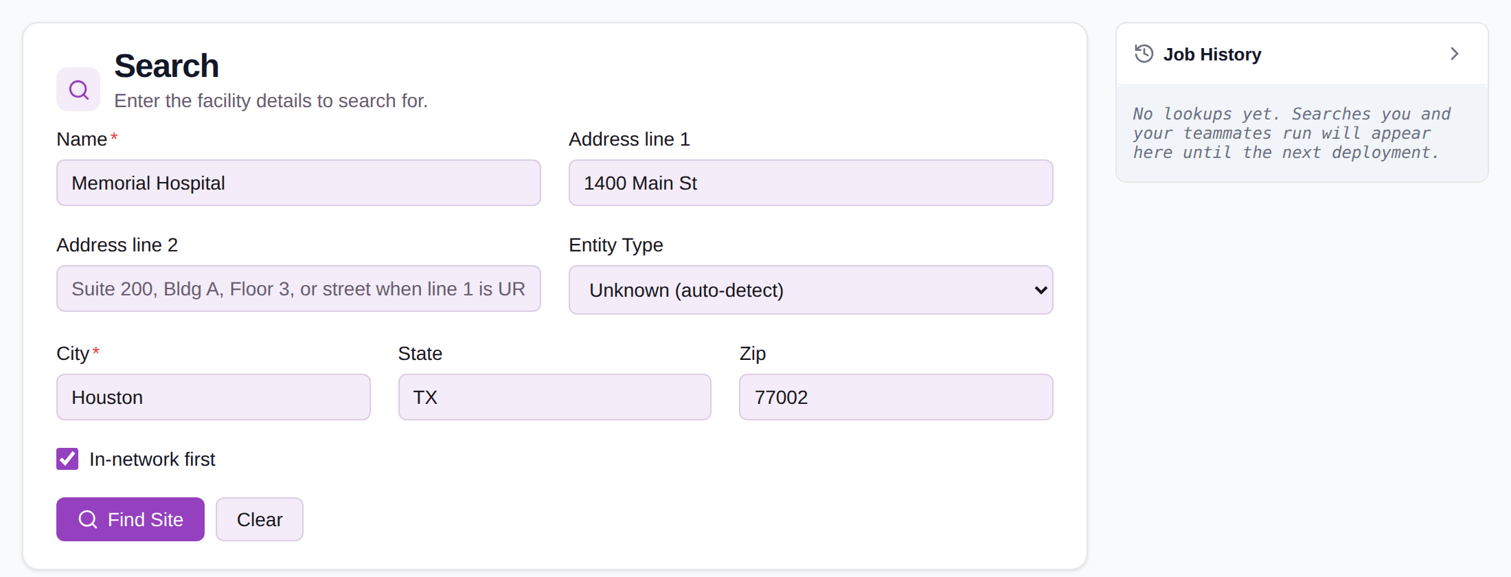 The site-finder iframe with its search form pre-filled from the query parameters, beside the job history panel